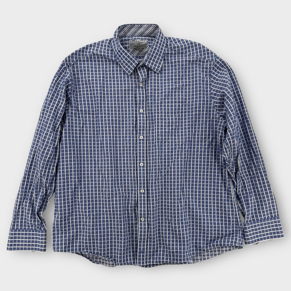Johnston & Murphy Shirt Mens XXL Blue Plaid Long Sleeve Tailored Fit Button Down
